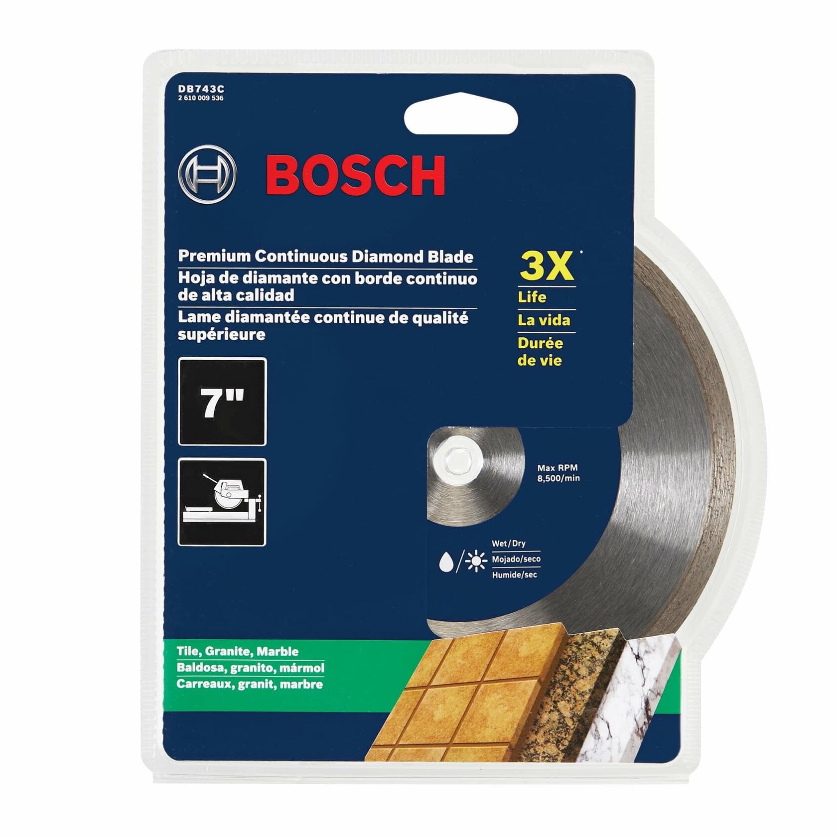 BOSCH DB743C 7 in. Premium Continuous Rim Diamond Blade with 5/8 in. Arbor for clean cut wet dry use