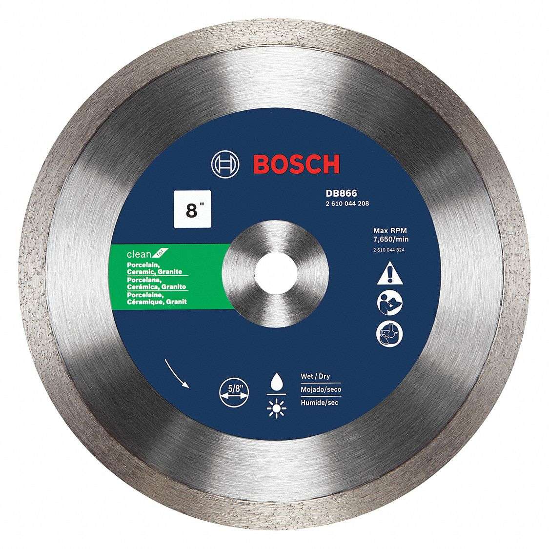 A studio product shot of the Bosch DB866 8-inch continuous rim diamond blade, featuring a dark blue center label with white and green text specifying it is for clean cuts in porcelain, ceramic, and granite, and is compatible with wet or dry use.