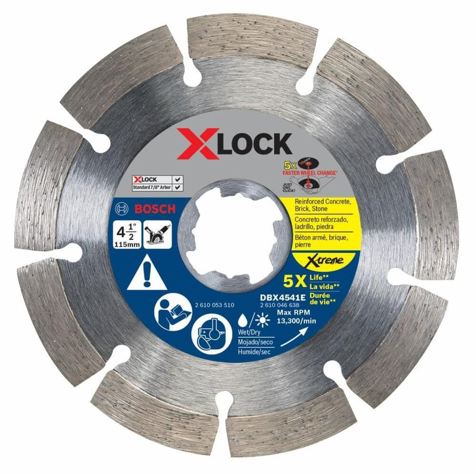 A front-facing studio photograph of the silver Bosch DBX4541E 4-1/2 inch segmented diamond blade, showing the X-LOCK mounting center and icons for cutting reinforced concrete, brick, and stone.
