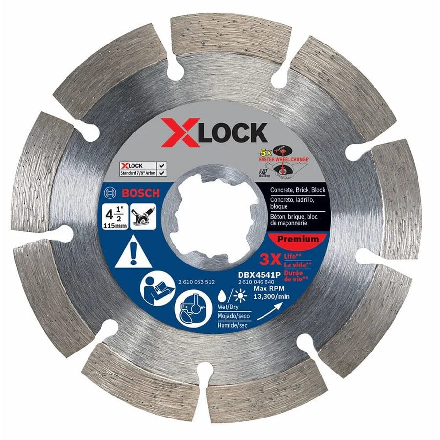 Front view of the Bosch DBX4541P X-LOCK 4-1/2 inch segmented diamond blade showing the X-shaped mount and labels for cutting Concrete, Brick, and Block.