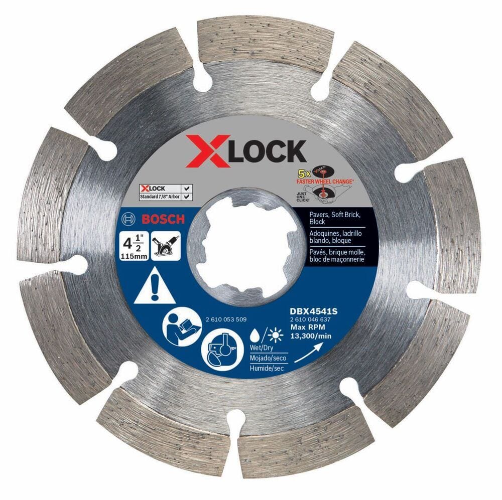 Overhead view of the Bosch DBX4541S X-LOCK 4-1/2 inch segmented rim diamond blade showing the X-shaped mount and product specifications.