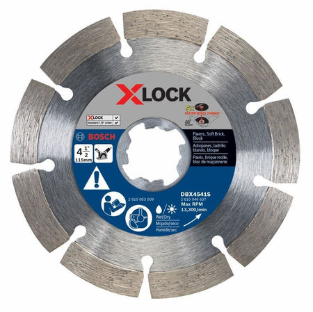 Overhead view of the Bosch DBX4541S X-LOCK 4-1/2 inch segmented rim diamond blade showing the X-shaped mount and product specifications.