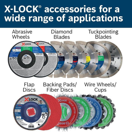 Infographic displaying a wide variety of Bosch X-LOCK accessories including abrasive wheels, diamond blades, tuckpointing blades, flap discs, backing pads, and wire cups.