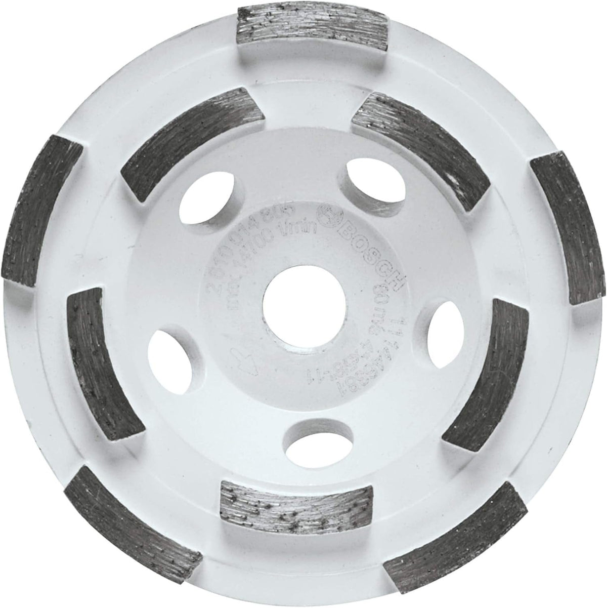 A top-down studio shot of a white Bosch 4-inch double row segmented diamond cup wheel, featuring a circular arrangement of diamond grinding segments and five ventilation holes.