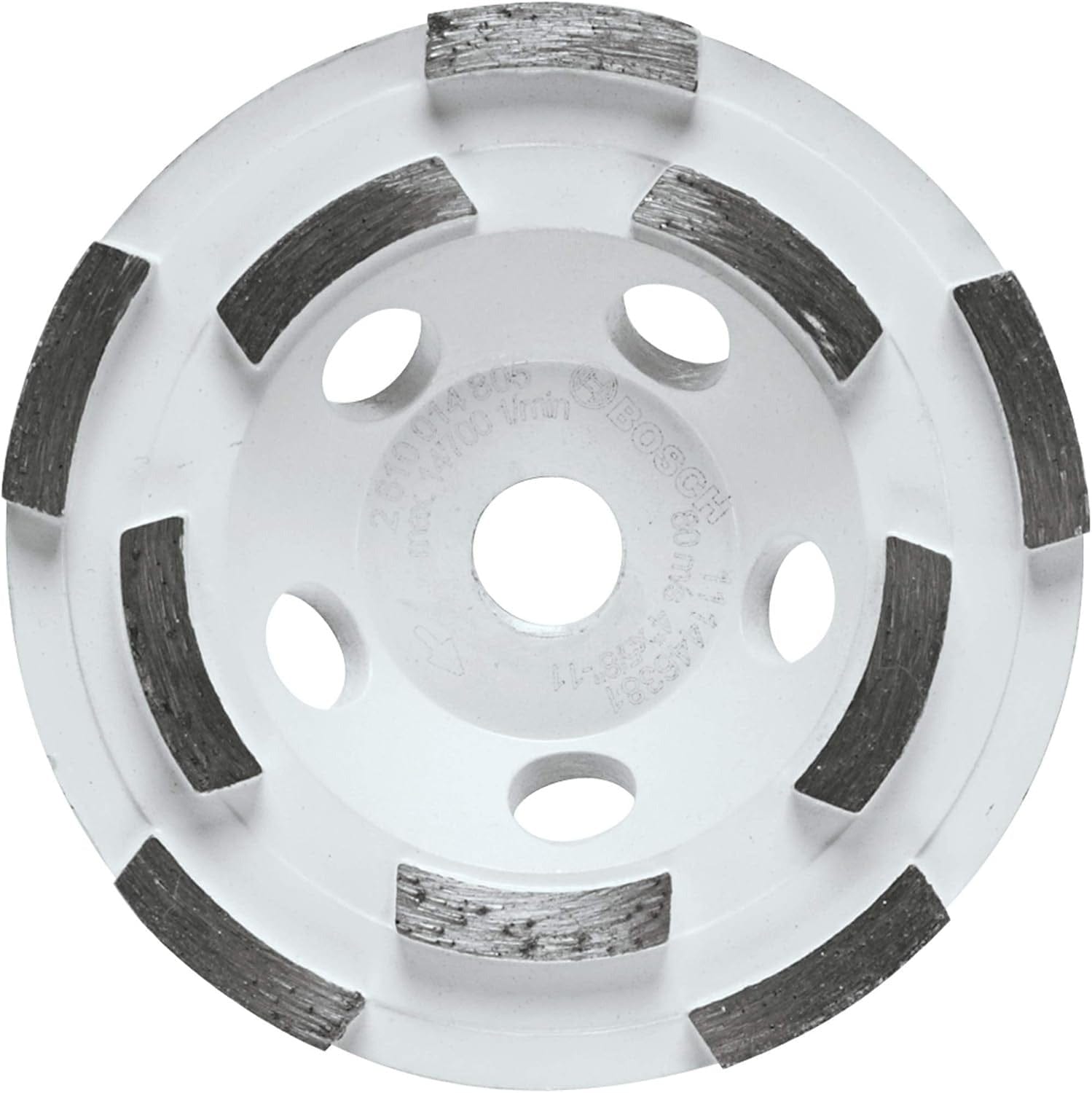 A top-down studio shot of a white Bosch 4-inch double row segmented diamond cup wheel, featuring a circular arrangement of diamond grinding segments and five ventilation holes.