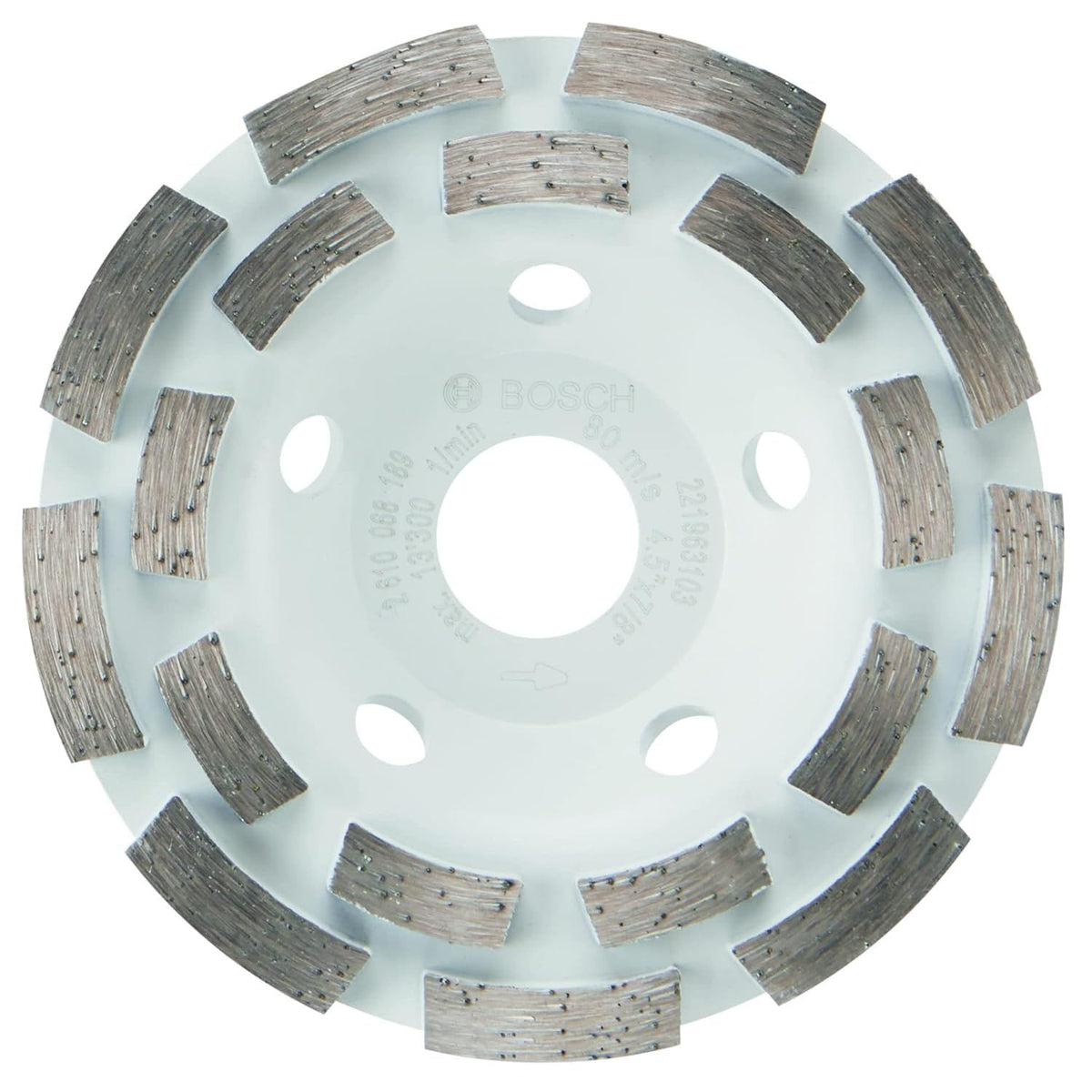 Product studio shot facing the front layout of the Bosch DC4518 4-1/2 Inch Double Row Segmented Rim Diamond Cup Wheel on a white background, highlighting its circular white steel base plate, a 7/8-inch center unthreaded arbor hole, surrounding airflow cooling vents, and 18 aggressively spaced double-row abrasive diamond grinding segments.