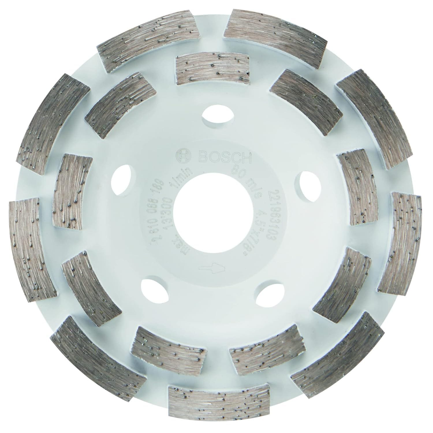 Product studio shot facing the front layout of the Bosch DC4518 4-1/2 Inch Double Row Segmented Rim Diamond Cup Wheel on a white background, highlighting its circular white steel base plate, a 7/8-inch center unthreaded arbor hole, surrounding airflow cooling vents, and 18 aggressively spaced double-row abrasive diamond grinding segments.