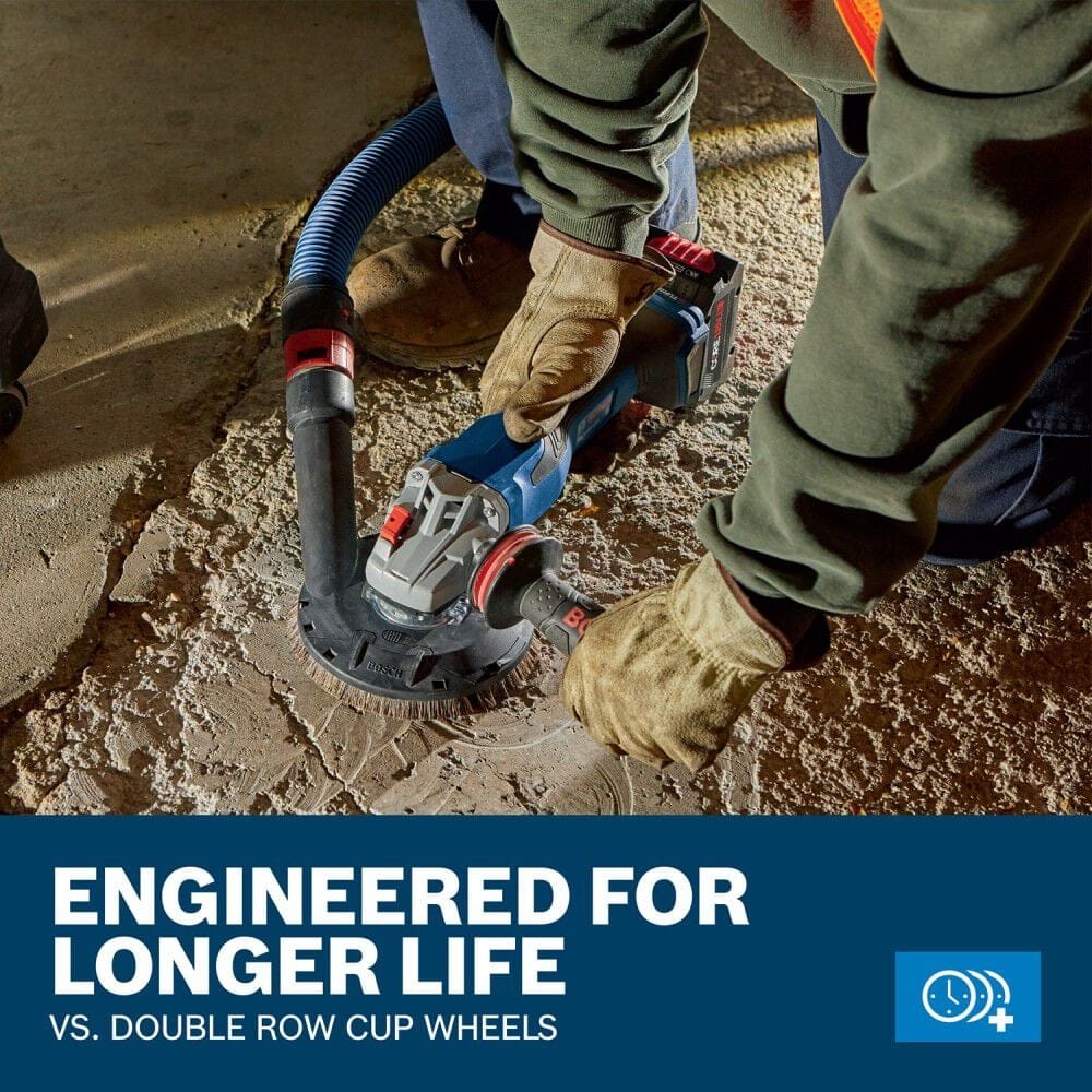 An outdoor action photo of an operator using a cordless Bosch 18V angle grinder powered by a CORE18V battery to smooth down a rough structural foundation slab, with a prominent marketing title block stating Engineered For Longer Life vs. Standard Double Row Cup Wheels.