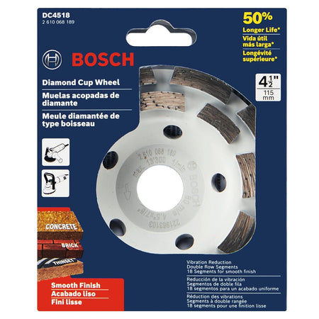 The Bosch DC4518 4.5-inch diamond grinding cup wheel inside its dark blue commercial cardboard retail packaging blister pack, detailing key features such as 50 percent longer service life, smooth finish styling, vibration reduction architecture, and primary material compatibility graphic callouts for concrete, brick, and thinset mortar.