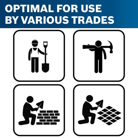 A trade user graphic title banner stating Optimal For Use By Various Trades, displaying four black-and-white occupational clip-art icons that depict a general laborer with a shovel, a demolition worker with a pickaxe, a bricklayer masonry professional, and a flooring tile installation technician.