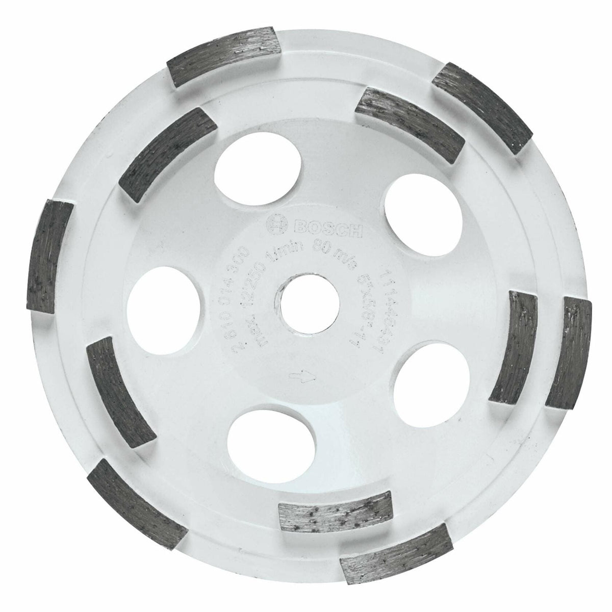 BOSCH DC510HD 5 In. Double Row Segmented Diamond Cup Wheel for grinding and polishing surfaces.