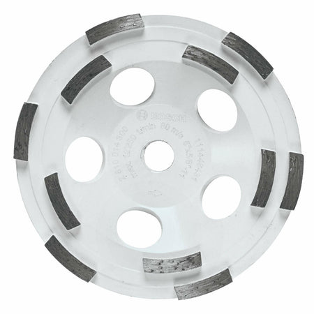 BOSCH DC510HD 5 In. Double Row Segmented Diamond Cup Wheel for grinding and polishing surfaces.