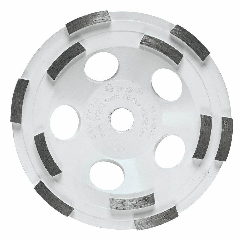 BOSCH DC510HD 5 In. Double Row Segmented Diamond Cup Wheel for grinding and polishing surfaces.