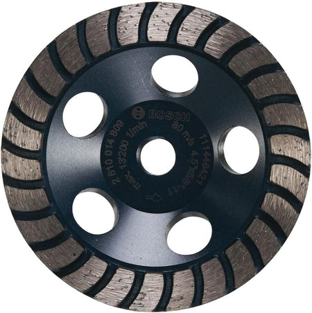 A studio display shot facing the front of the Bosch DC530HD 5-Inch Turbo Row Diamond Cup Wheel on a white background, highlighting its unthreaded unibody steel core plate, a standard unthreaded center hole workspace, five rounded dust collection and cooling slots, and a continuous outer spiral pattern of abrasive turbo-row diamond grinding segments.