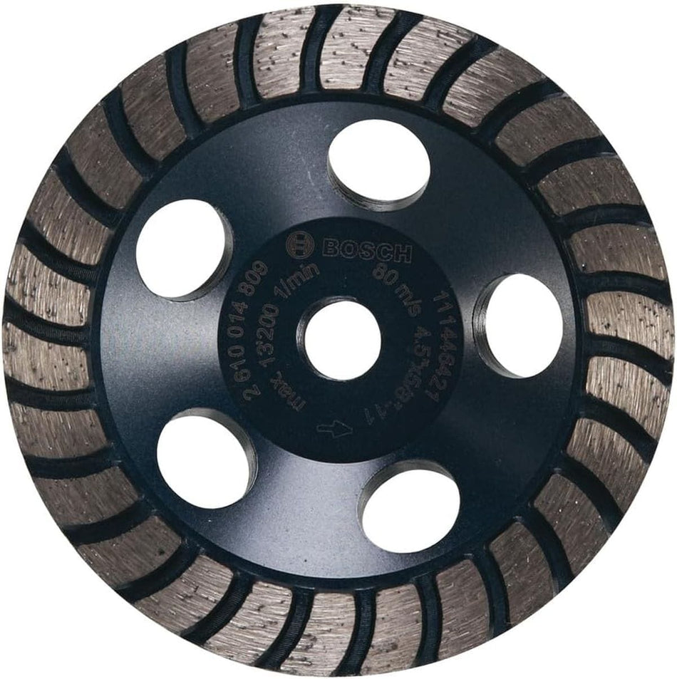 A studio display shot facing the front of the Bosch DC530HD 5-Inch Turbo Row Diamond Cup Wheel on a white background, highlighting its unthreaded unibody steel core plate, a standard unthreaded center hole workspace, five rounded dust collection and cooling slots, and a continuous outer spiral pattern of abrasive turbo-row diamond grinding segments.