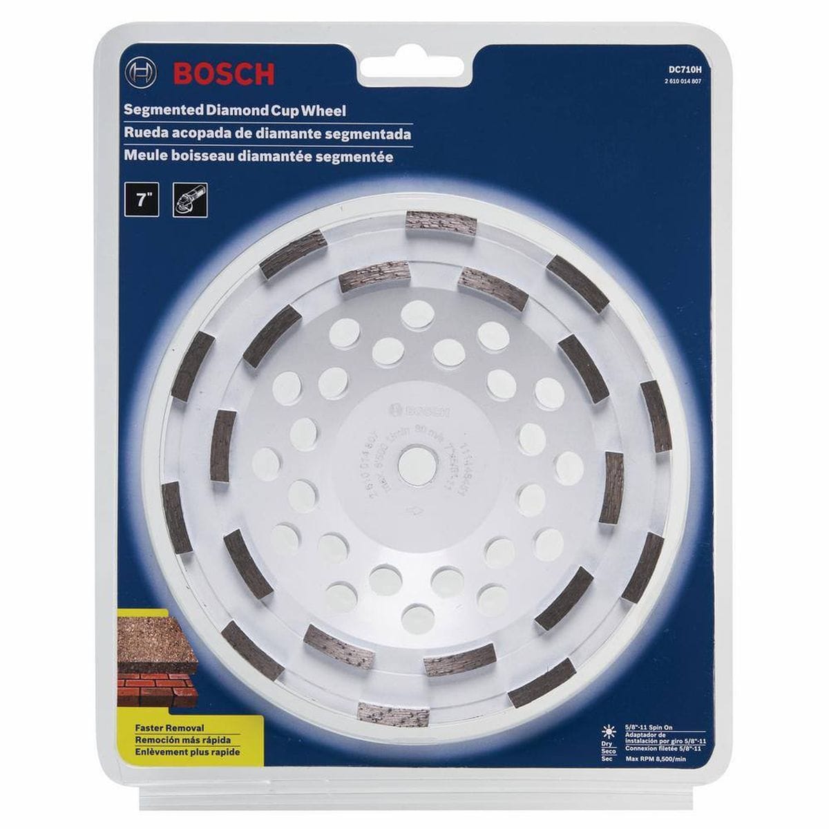 The Bosch DC710H 7-inch segmented diamond cup wheel enclosed inside its blue and white cardboard commercial retail blister pack, showcasing product features including a 7-inch diameter icon, angle grinder compatibility badge, Faster Removal performance graphic, and 5/8-11 spin-on thread specification text.