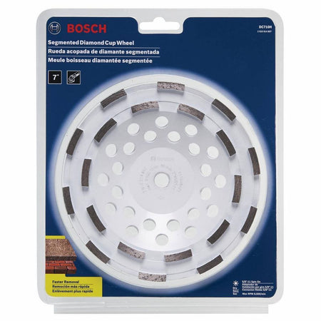 The Bosch DC710H 7-inch segmented diamond cup wheel enclosed inside its blue and white cardboard commercial retail blister pack, showcasing product features including a 7-inch diameter icon, angle grinder compatibility badge, Faster Removal performance graphic, and 5/8-11 spin-on thread specification text.