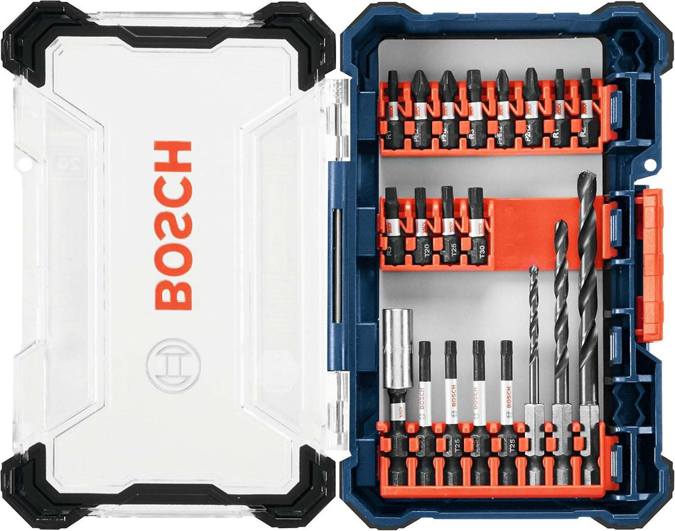 Open Bosch custom case displaying a 20-piece set of black oxide drill bits and driver bits organized in red storage clips behind a clear lid.