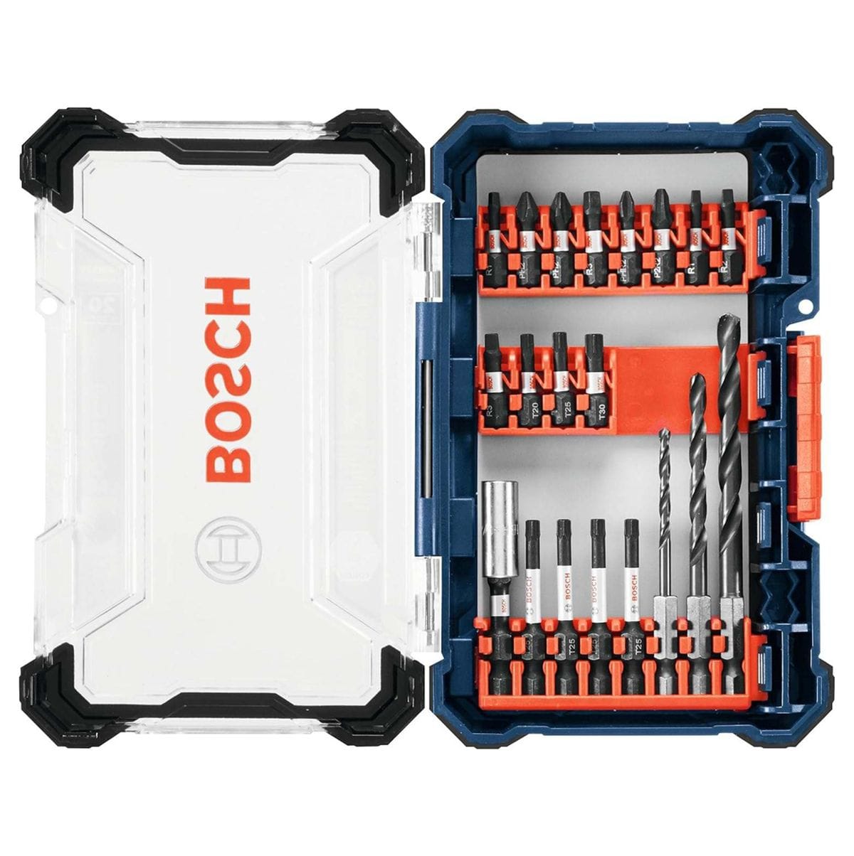 Open Bosch custom case displaying a 20-piece set of black oxide drill bits and driver bits organized in red storage clips behind a clear lid.