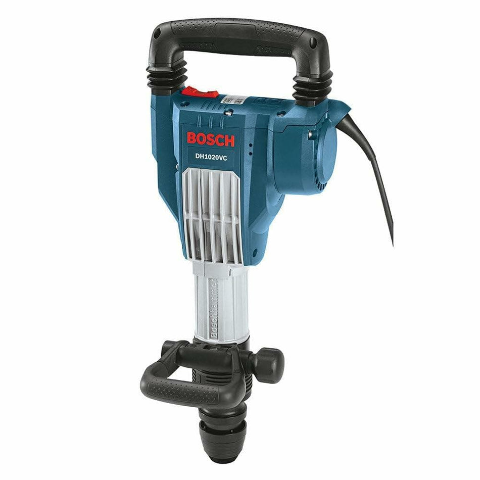 Front view of the Bosch DH1020VC inline SDS-Max demolition hammer, highlighting its large main handle, auxiliary handle, and robust housing.