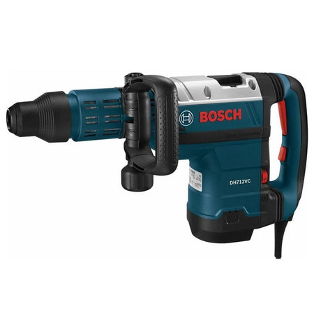 A three-quarter studio profile of the Bosch DH712VC SDS-max demolition hammer with its articulating auxiliary handle.