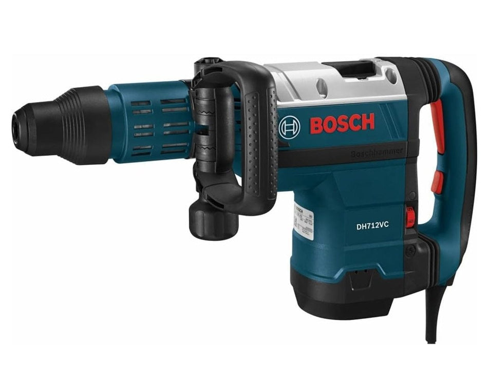 A three-quarter studio profile of the Bosch DH712VC SDS-max demolition hammer with its articulating auxiliary handle.