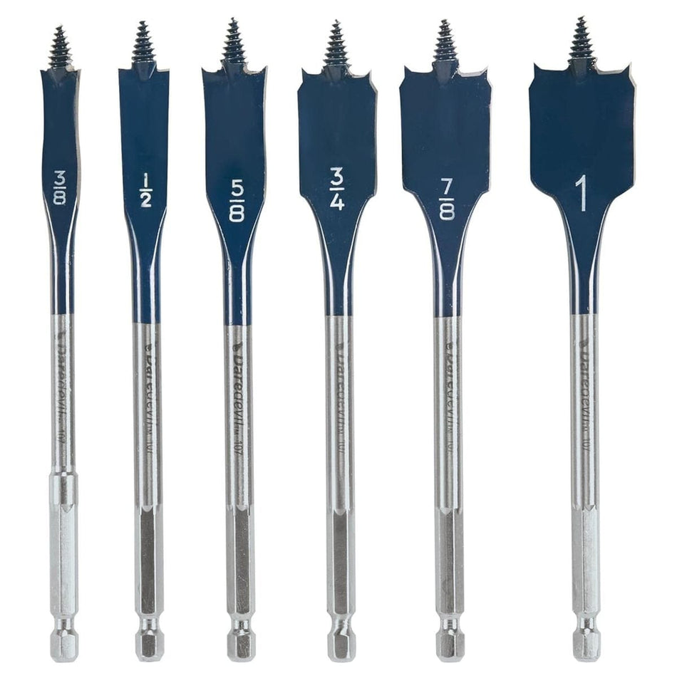 Studio shot of six Bosch Daredevil spade bits arranged by size, featuring blue paddles, hex shanks, and threaded tips.