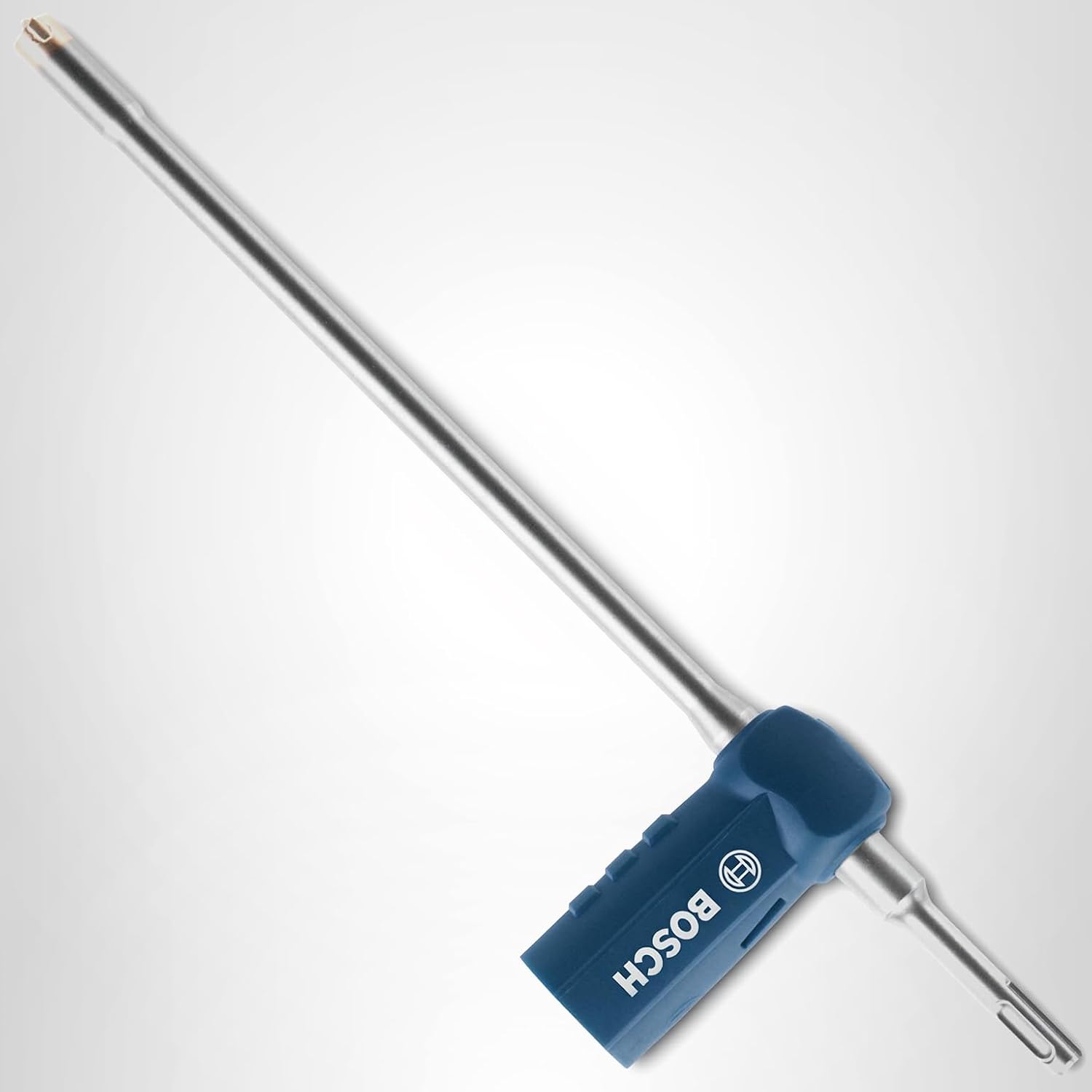 A clean product studio shot of the Bosch DXS2094 hollow dust extraction hammer drill bit against a neutral light gray background, highlighting the elongated steel body shaft, the blue rubber vacuum attachment collar showing the white Bosch logo, and the integrated SDS-plus shank connection configuration.