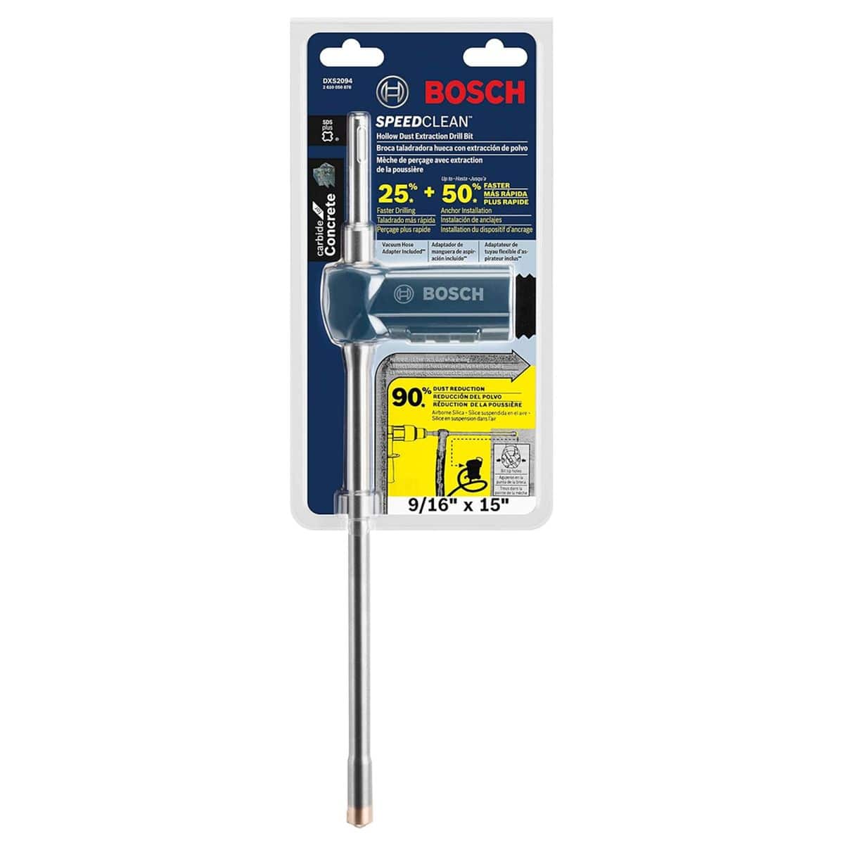 The Bosch DXS2094 9/16-inch x 15-inch Speed Clean hollow dust extraction concrete drilling bit shown enclosed inside its clear plastic retail clamshell packaging, prominently displaying its specialized masonry performance metrics such as 25% faster drilling, 50% faster chemical anchor installation, and 90% jobsite dust reduction.