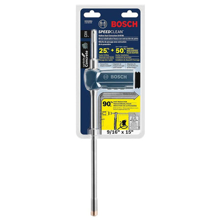 The Bosch DXS2094 9/16-inch x 15-inch Speed Clean hollow dust extraction concrete drilling bit shown enclosed inside its clear plastic retail clamshell packaging, prominently displaying its specialized masonry performance metrics such as 25% faster drilling, 50% faster chemical anchor installation, and 90% jobsite dust reduction.