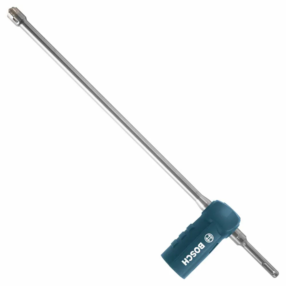 A studio product shot of the Bosch DXS2114 hollow dust extraction hammer drill bit, showcasing its extra-long steel shaft, durable four-cutter carbide head, integrated blue extraction connector block with white branding, and the universal SDS-plus shank connection.