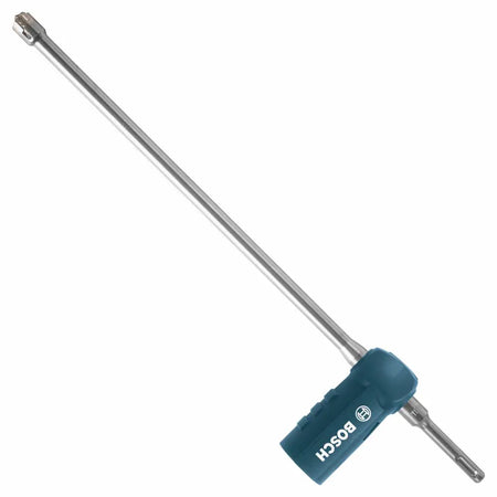 A studio product shot of the Bosch DXS2114 hollow dust extraction hammer drill bit, showcasing its extra-long steel shaft, durable four-cutter carbide head, integrated blue extraction connector block with white branding, and the universal SDS-plus shank connection.