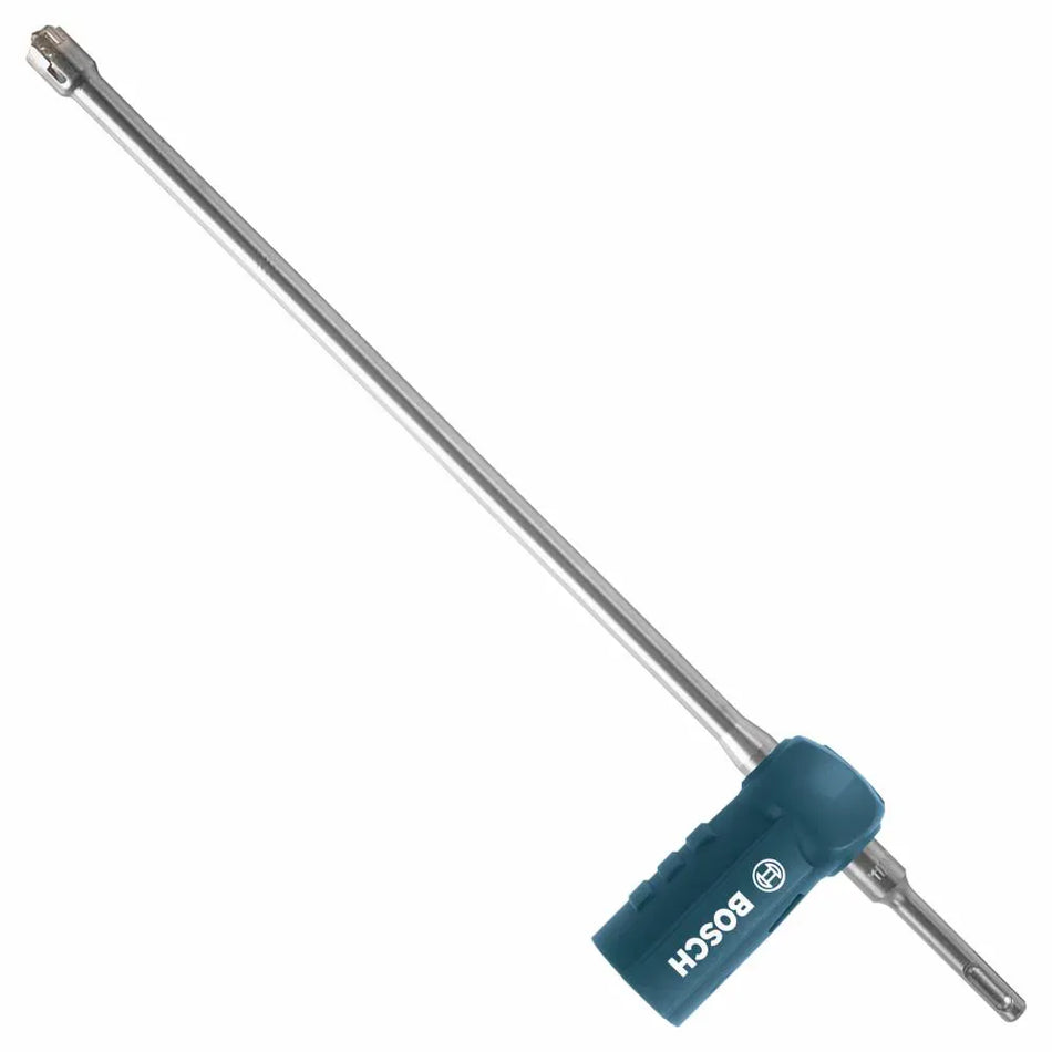 A studio product shot of the Bosch DXS2114 hollow dust extraction hammer drill bit, showcasing its extra-long steel shaft, durable four-cutter carbide head, integrated blue extraction connector block with white branding, and the universal SDS-plus shank connection.