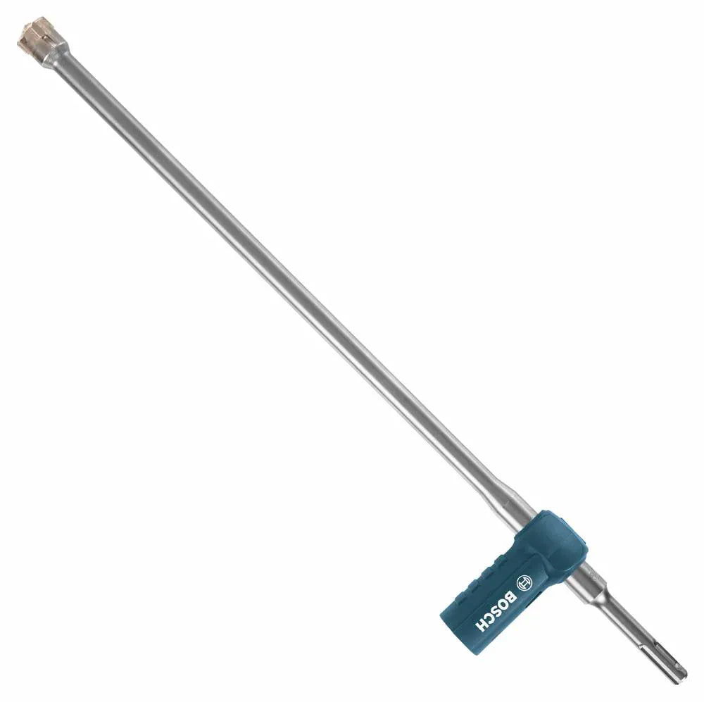 A studio product shot of the Bosch DXS2124 hollow dust extraction hammer drill bit, showcasing its extra-long steel shaft body, durable four-cutter carbide tip head, a blue rubber vacuum connection sleeve displaying the white Bosch logo, and an SDS-plus shank connection configuration.