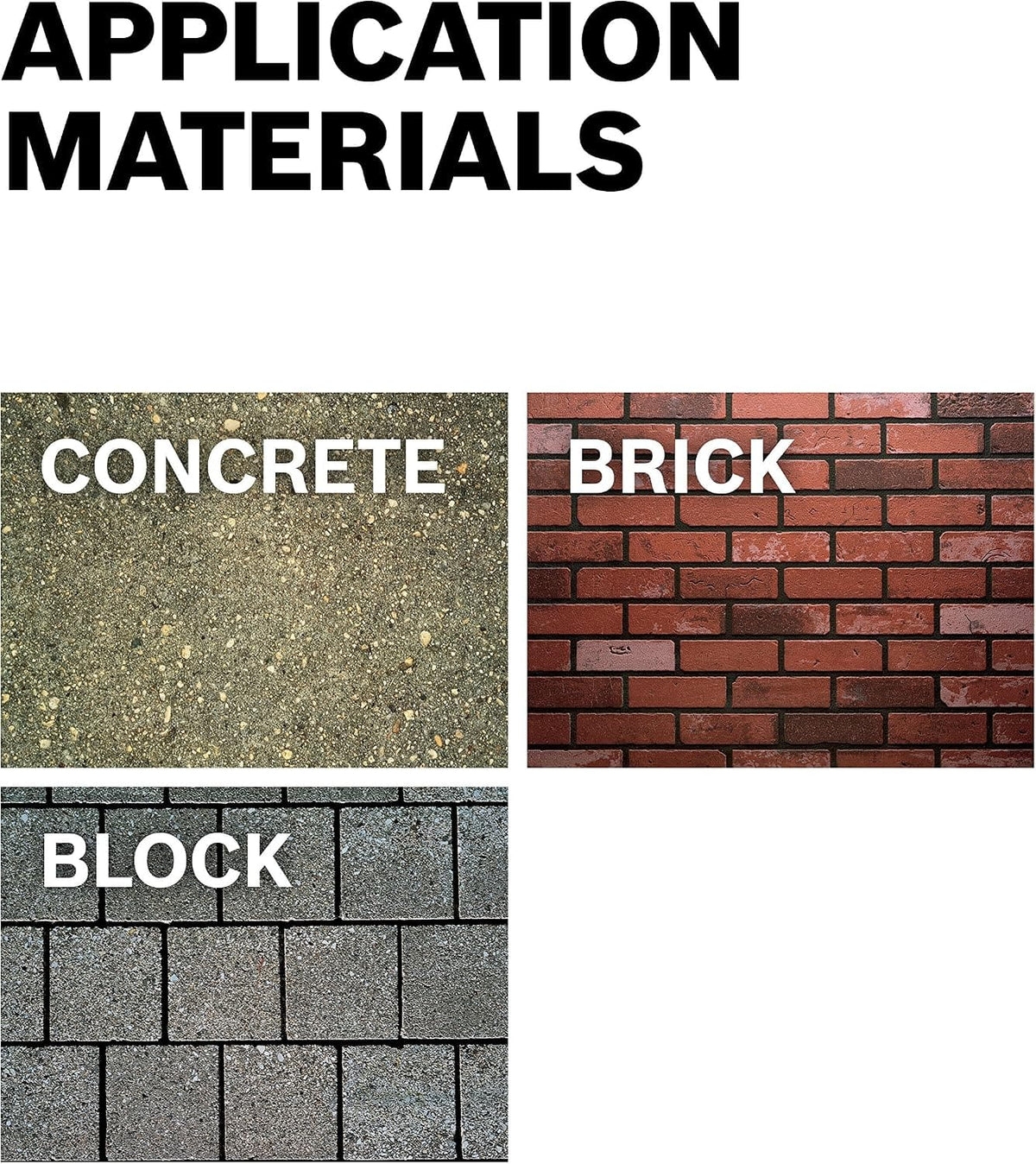 A product compatibility graphic showing high-resolution textures of raw building application materials with bold white labels text reading Concrete, Brick, and Block, illustrating the material versatility of the hammer drill bit.