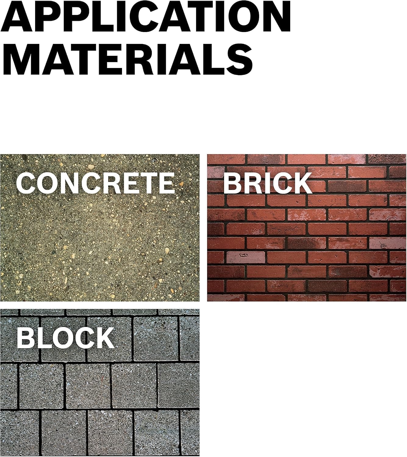 A product compatibility graphic showing high-resolution textures of raw building application materials with bold white labels text reading Concrete, Brick, and Block, illustrating the material versatility of the hammer drill bit.