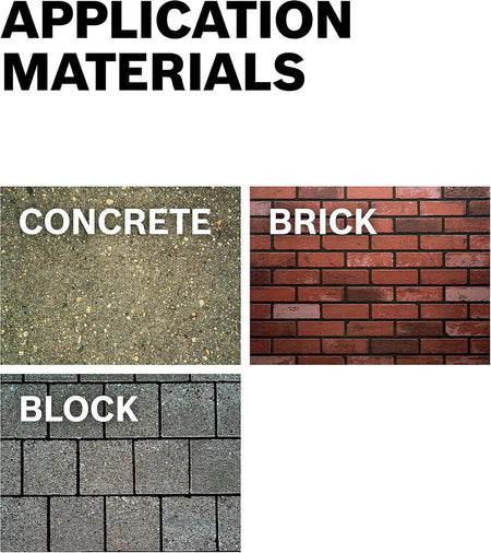 A product compatibility graphic showing high-resolution textures of raw building application materials with bold white labels text reading Concrete, Brick, and Block, illustrating the material versatility of the hammer drill bit.