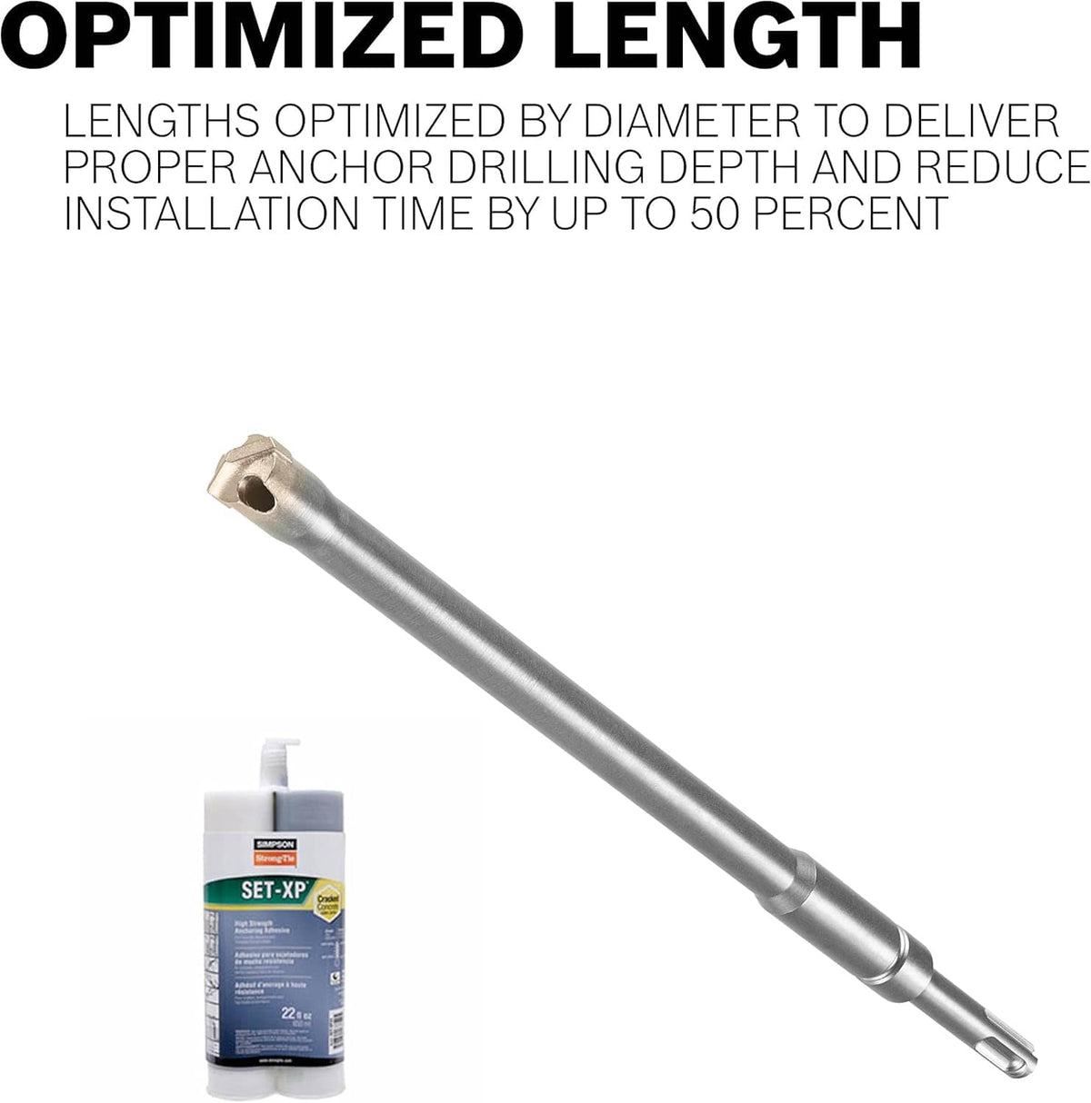 A marketing product layout highlighting the optimized length of the Bosch masonry bit, showing a close-up profile of the embedded carbide head positioned alongside a tube of high-strength Simpson Strong-Tie Set-XP anchoring adhesive epoxy.