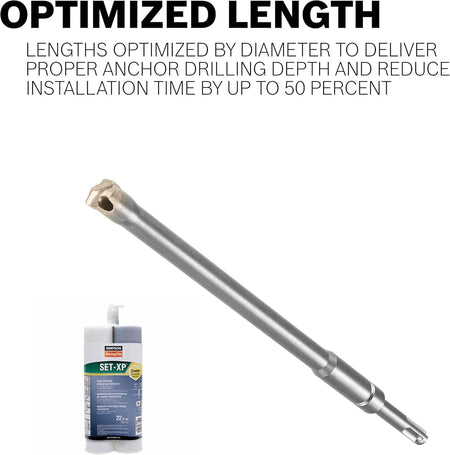A marketing product layout highlighting the optimized length of the Bosch masonry bit, showing a close-up profile of the embedded carbide head positioned alongside a tube of high-strength Simpson Strong-Tie Set-XP anchoring adhesive epoxy.