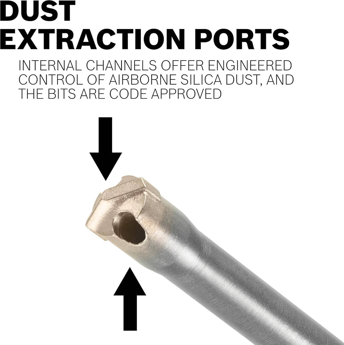 A macro close-up view focusing on the upper steel head profile of the Bosch hollow drill bit, with black arrows pointing out the dual internal dust-extraction ports that offer engineered control of hazardous airborne silica dust.
