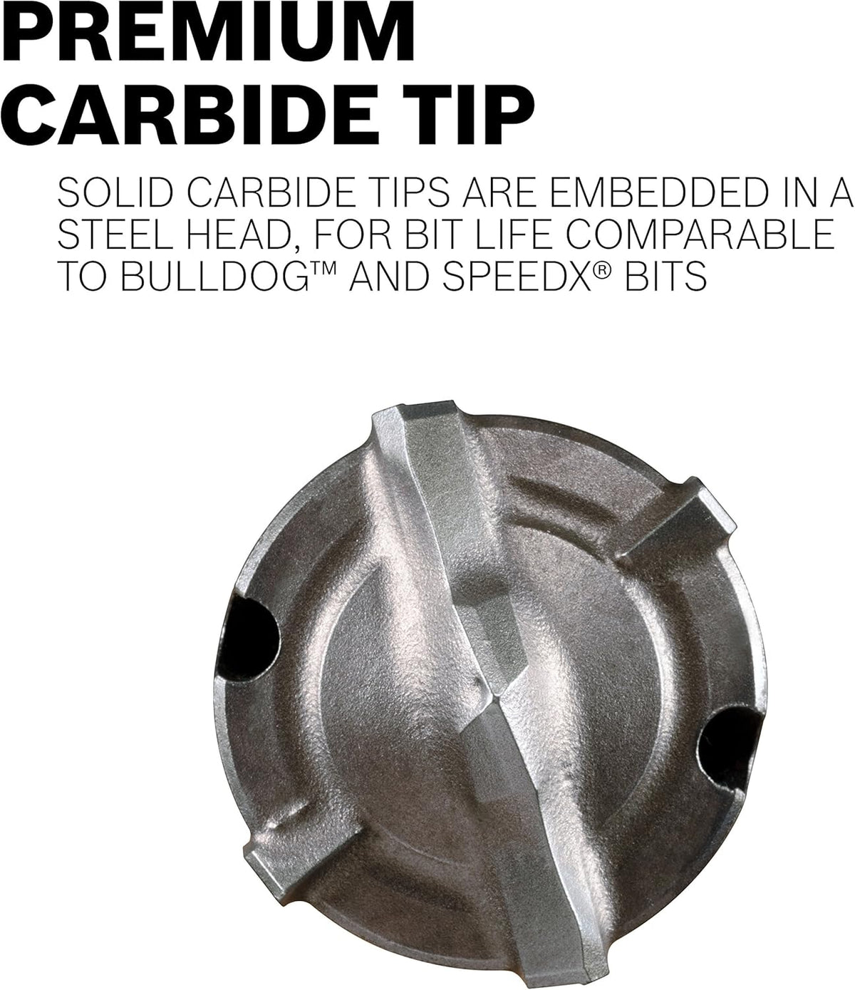 A top-down view looking directly at the solid carbide tips embedded inside the steel head, highlighting the robust four-cutter tip geometry engineered for long service life comparable to standard Bulldog and SpeedX bits.