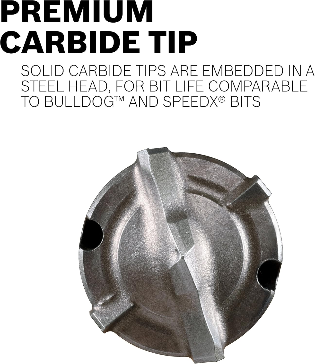 A top-down view looking directly at the solid carbide tips embedded inside the steel head, highlighting the robust four-cutter tip geometry engineered for long service life comparable to standard Bulldog and SpeedX bits.