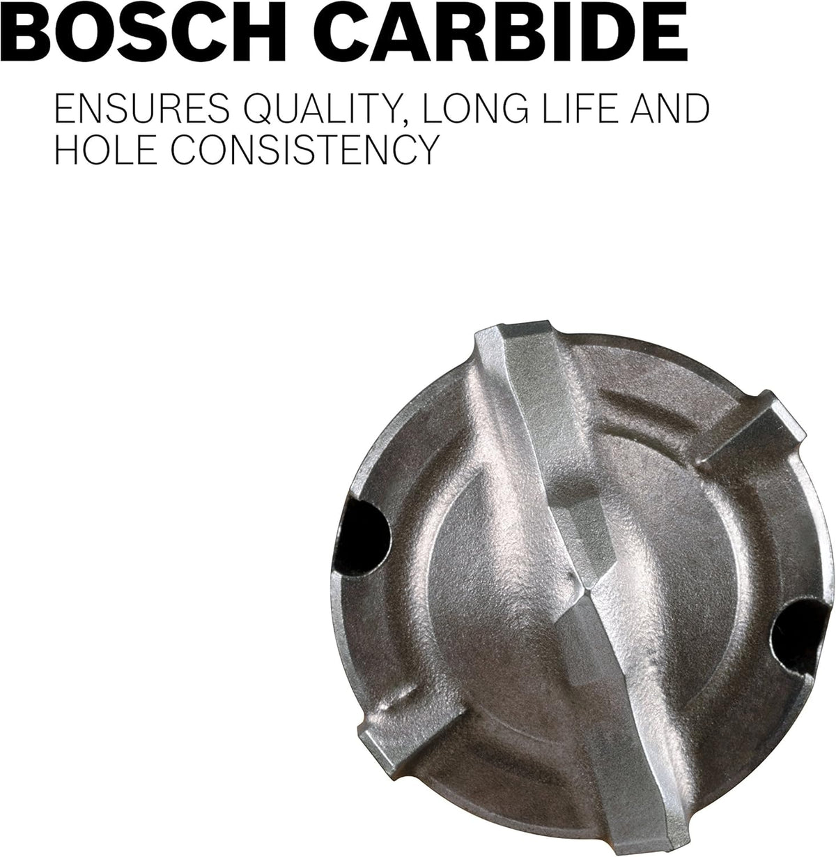 A crisp overhead view of the professional Bosch solid carbide four-cutter head face configuration, emphasizing how the premium grade tungsten carbide formulation ensures excellent hole consistency and reliable structural durability.