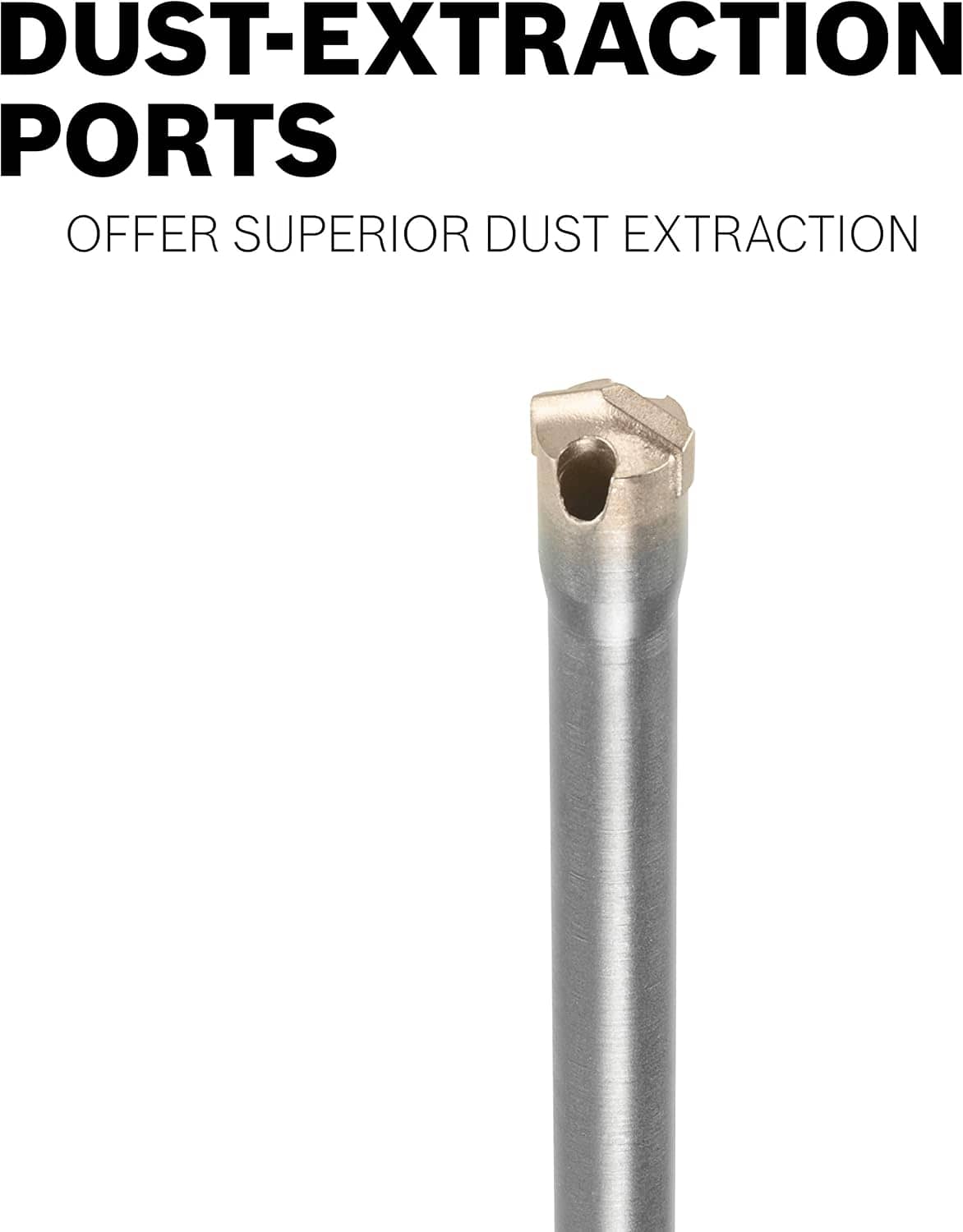 A clean profile shot of the upper portion of the high-carbon steel shaft, showing one of the deep circular dust-extraction ports positioned near the precision-ground carbide head tip designed to offer superior dust extraction.
