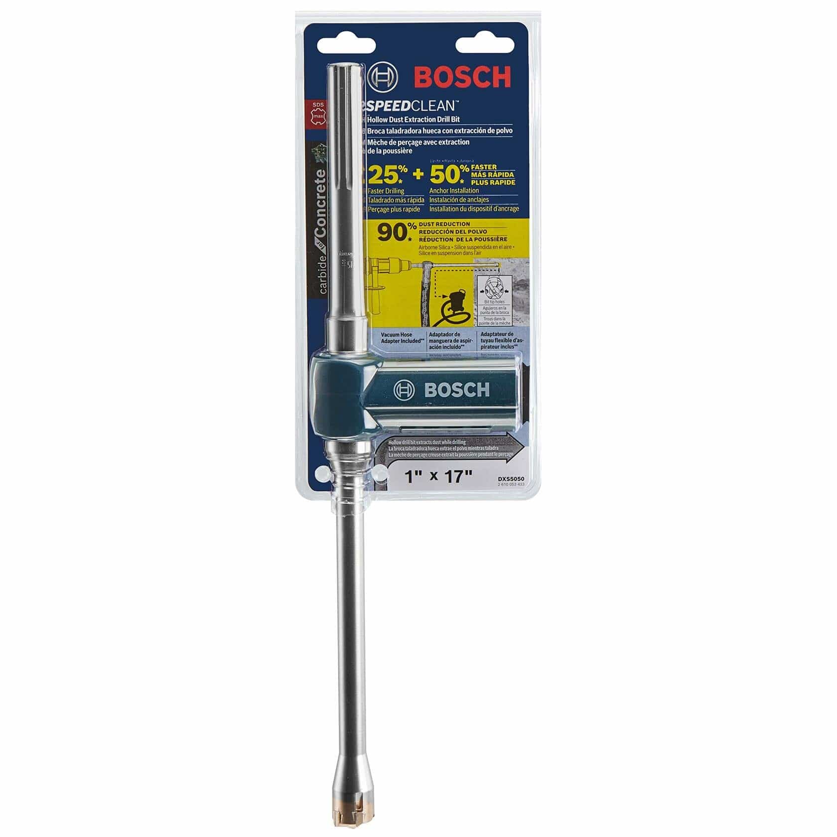 Bosch Speed Clean SDS-max drill bit in retail packaging labeled 1" x 17". Highlights include 25% faster drilling, 50% greater productivity, and 90% dust reduction. Designed for concrete applications with integrated dust extraction.