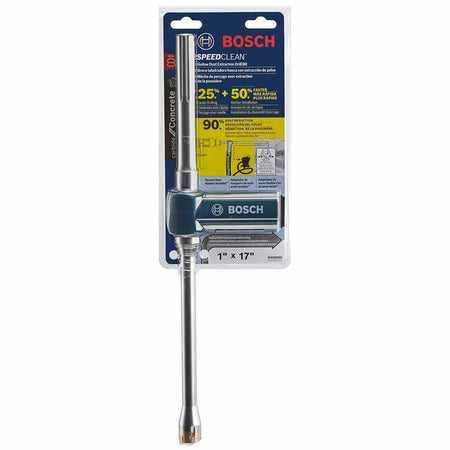 Bosch Speed Clean SDS-max drill bit in retail packaging labeled 1" x 17". Highlights include 25% faster drilling, 50% greater productivity, and 90% dust reduction. Designed for concrete applications with integrated dust extraction.