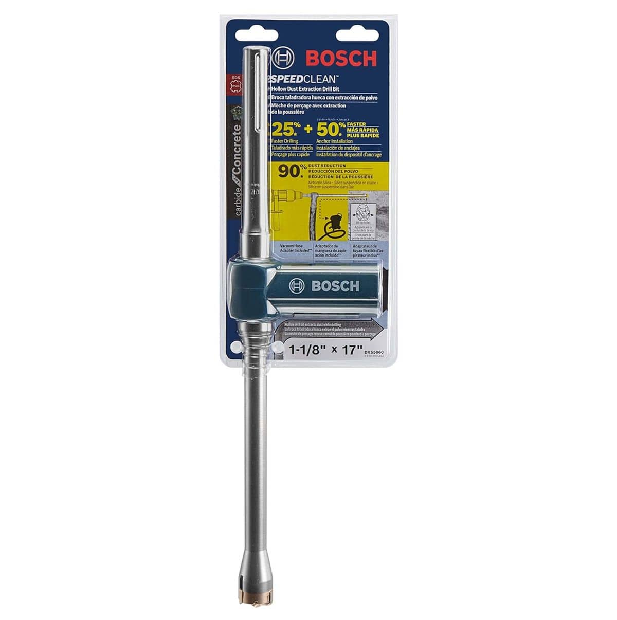 The Bosch DXS5060 Speed Clean dust extraction drill bit in its official retail plastic clamshell packaging, showing key performance marketing data points such as 25 percent faster drilling speed, 50 percent faster anchor installation, and 90 percent airborne silica dust reduction, with the tool sizing clearly marked as 1-1/8" x 17" at the bottom.
