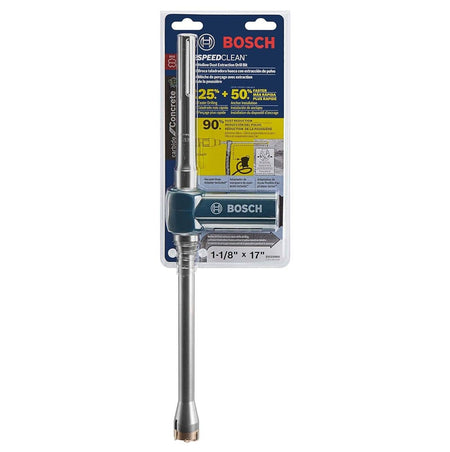 The Bosch DXS5060 Speed Clean dust extraction drill bit in its official retail plastic clamshell packaging, showing key performance marketing data points such as 25 percent faster drilling speed, 50 percent faster anchor installation, and 90 percent airborne silica dust reduction, with the tool sizing clearly marked as 1-1/8" x 17" at the bottom.
