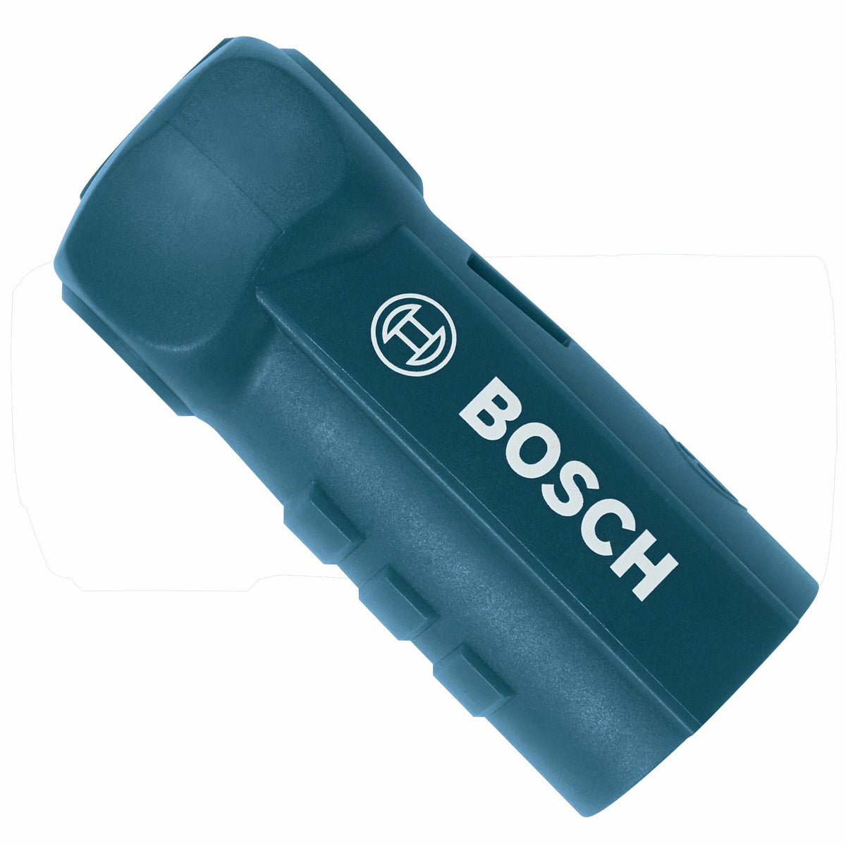 An isometric, close-up studio shot of the blue Bosch DXSPLUS SDS-Plus Speed Clean vacuum adapter collar, showcasing its heavy-duty rubber construction, integrated hose mounting port, and the prominent white printed Bosch logo.