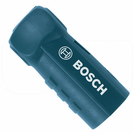 An isometric, close-up studio shot of the blue Bosch DXSPLUS SDS-Plus Speed Clean vacuum adapter collar, showcasing its heavy-duty rubber construction, integrated hose mounting port, and the prominent white printed Bosch logo.